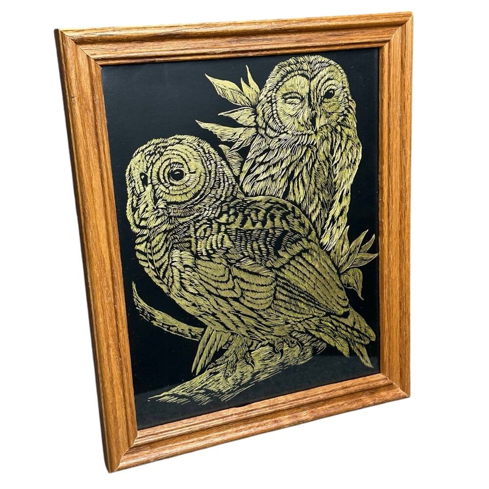 Vintage 70s owl framed artwork etched gold on black handmade 8x10 rustic cabin